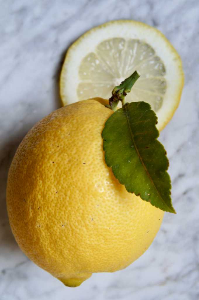 A single lemon and a lemon slice on marble.